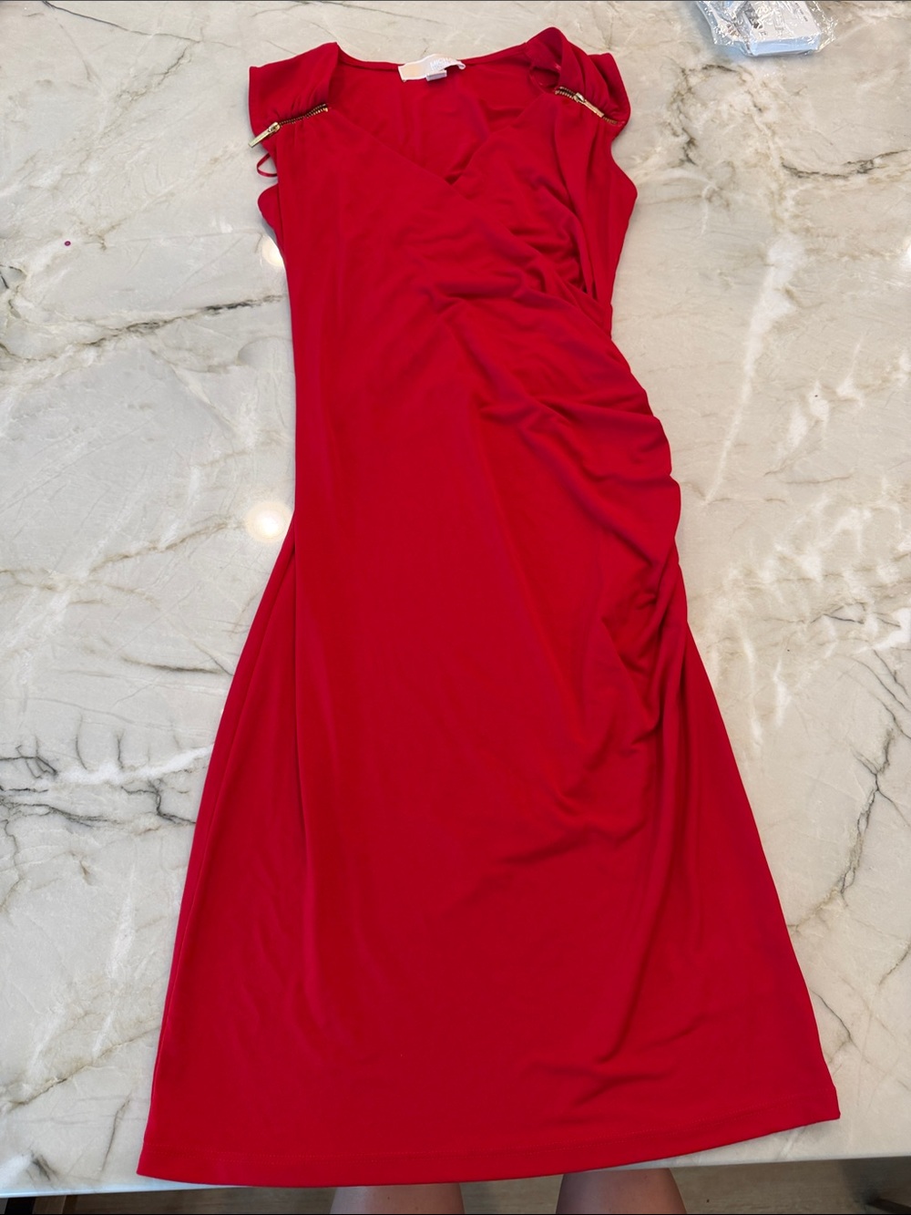 Michael Kors Red Sleeveless Ruched Midi Dress